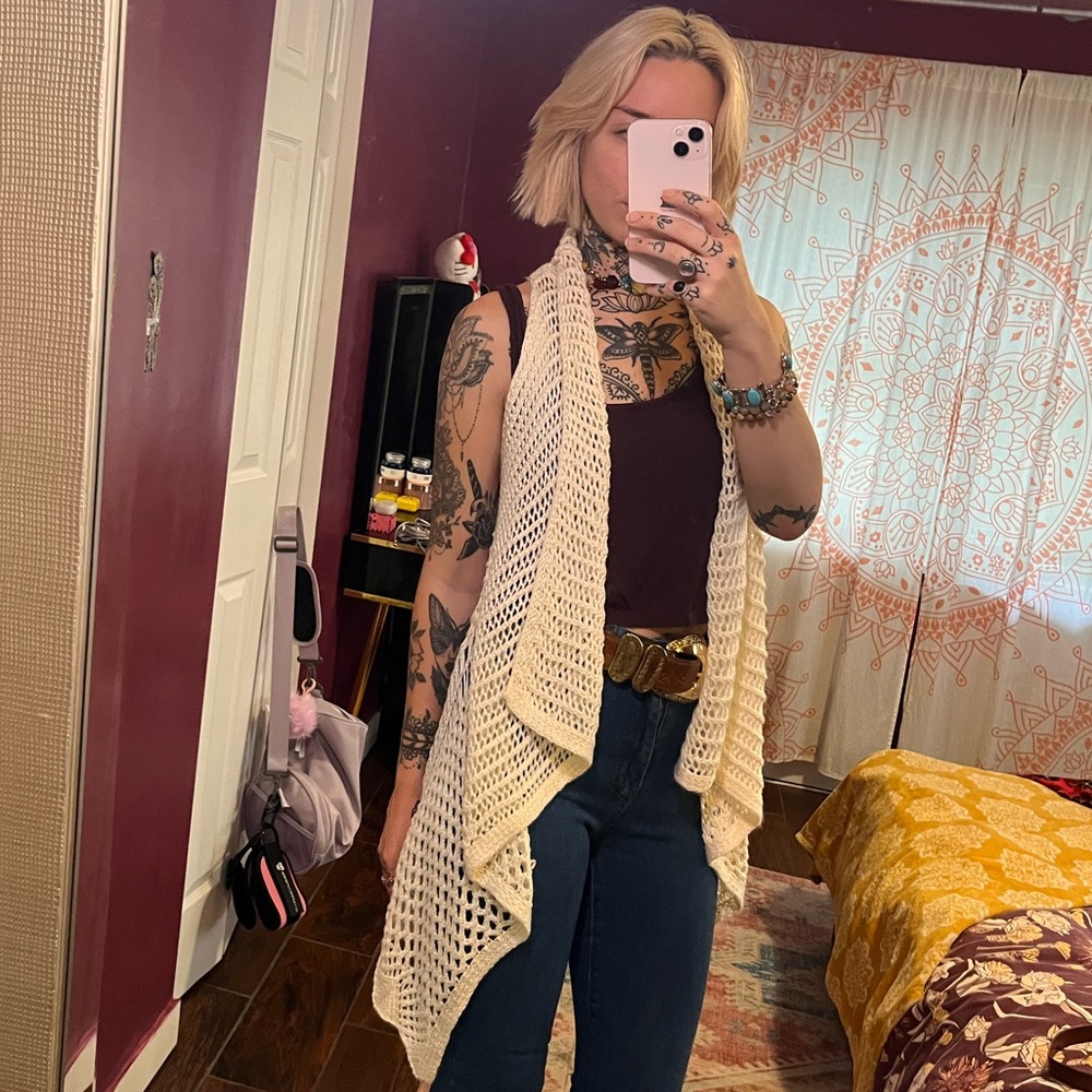 Altar'd State Cream Crochet Cardigan Vest